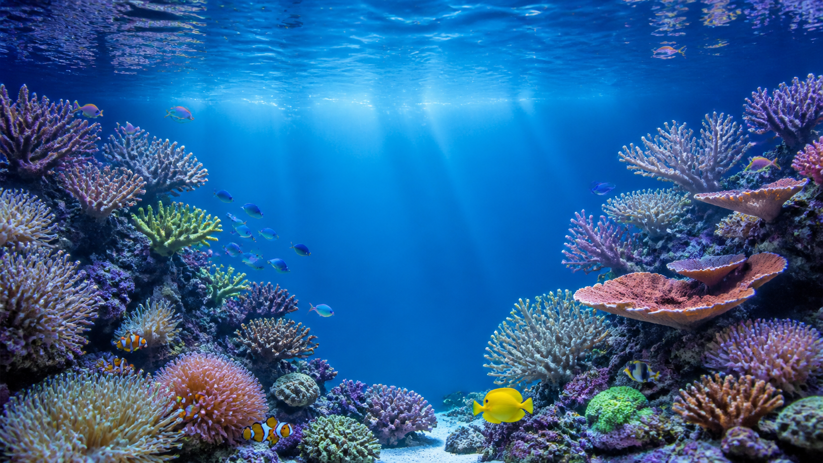 Colorful fish swimming among corals in a reef scene