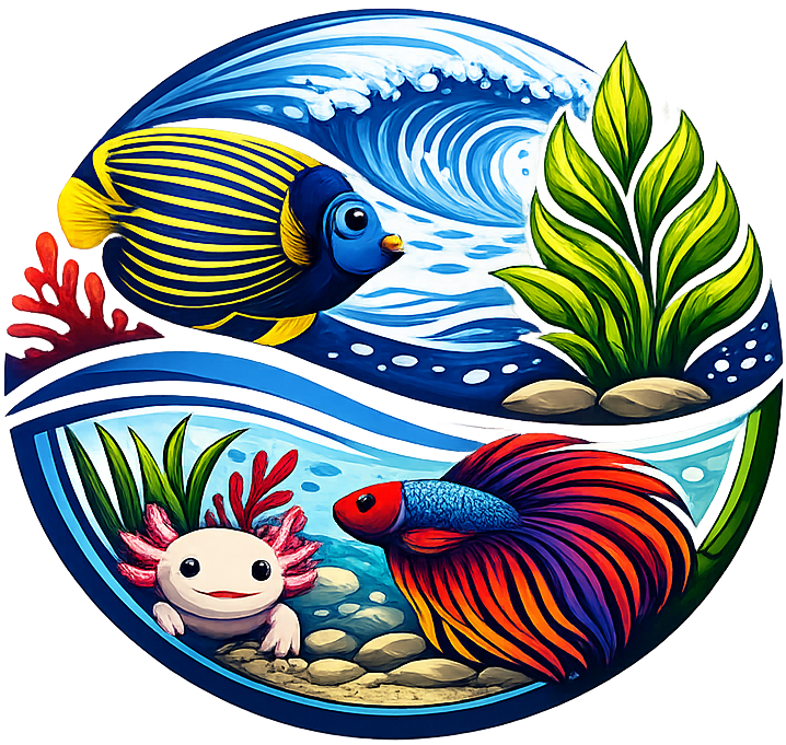 Circular Aquatic Farms logo showing a split aquatic ecosystem with a blue-and-yellow Emperor Angelfish and ocean wave above, and a red-and-blue betta fish with an albino axolotl among plants and stones below, with the text “Aquatic Farms” centered underneath.